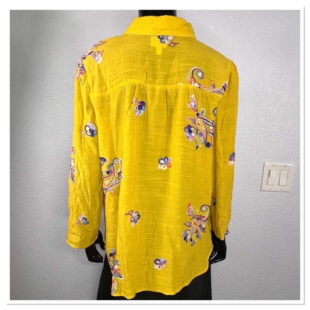 fig and flower Yellow Boho Floral Embroidered Button Roll Tab Sleeve Blouse Sz L - Picture 5 of 7